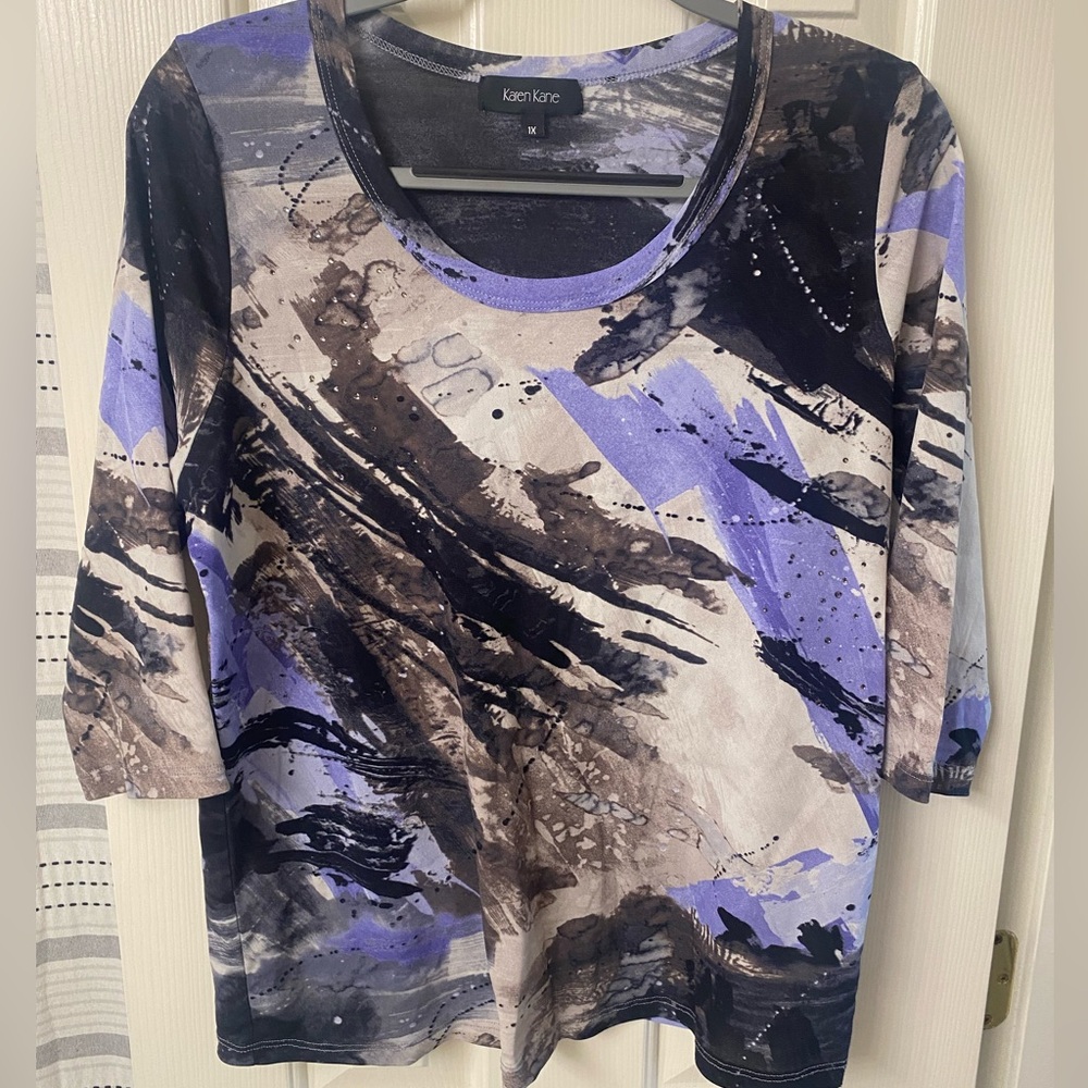 Karen Kane Women's Abstract Print 3/4 Sleeves Sheer Top - Purple & Black Size 1X